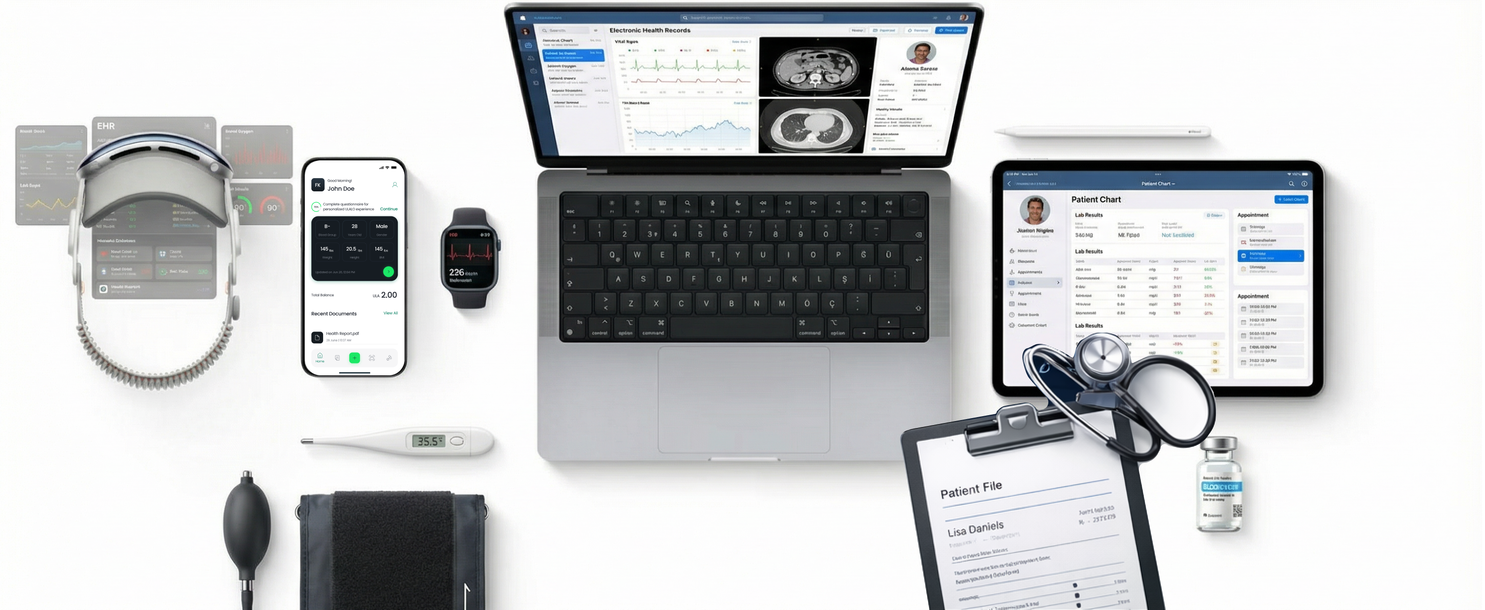 Health monitoring devices including laptop, tablet, phone, watch, and medical equipment